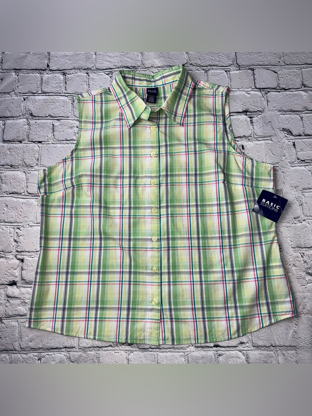 Basic Editions 00s Sleeveless Plaid Button-Front Top Light Green Plaid Size XL - Picture 2 of 9